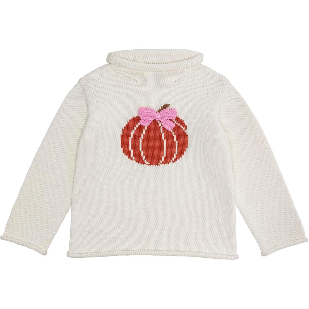 imageMud Pie Girls Kids Bow Pumpkin Rollneck Sweater Small1218 Months Pink