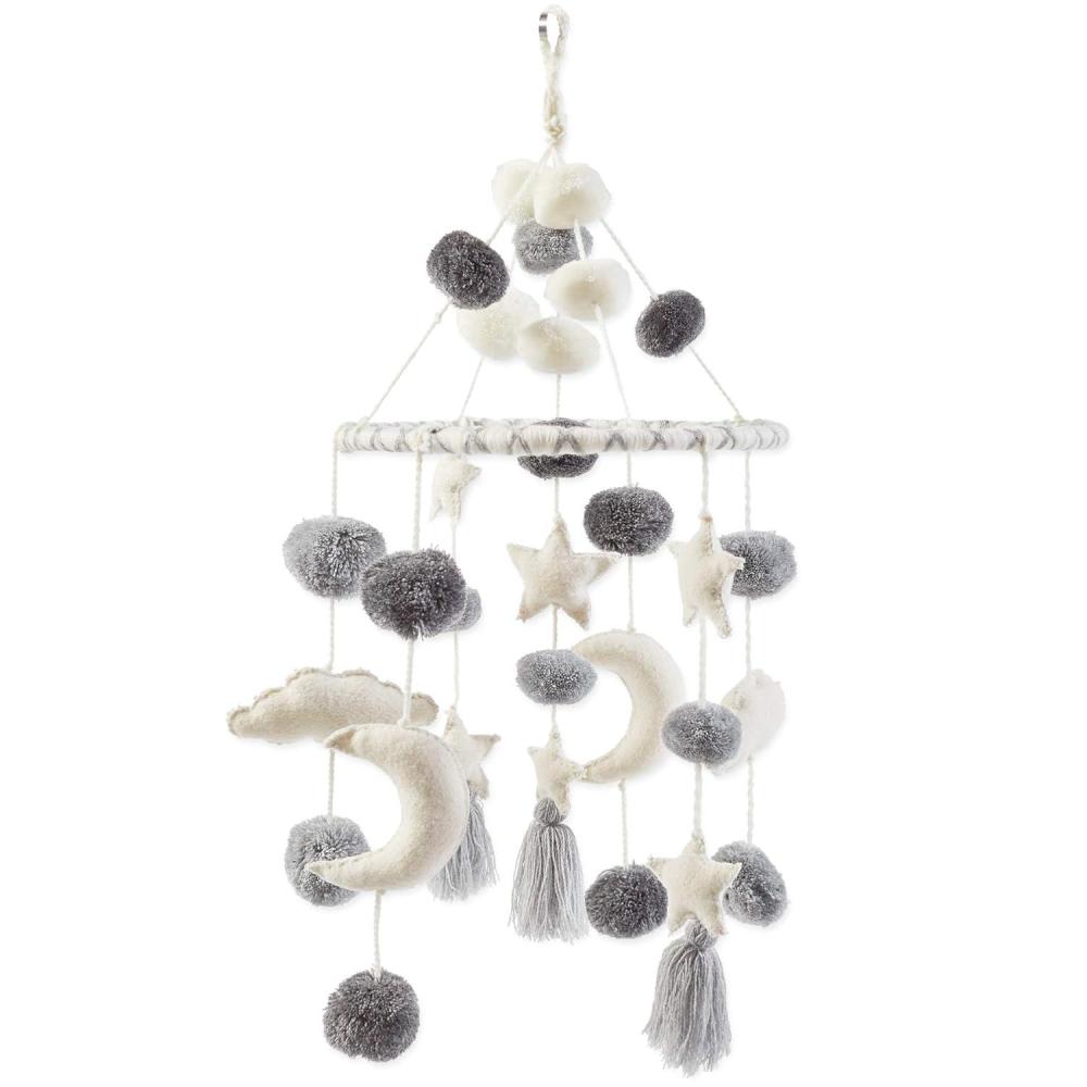 imageMud Pie Pom Pom Stars and Clouds Celestial Crib Mobile  White and Grey WhiteGreyGreyWhite
