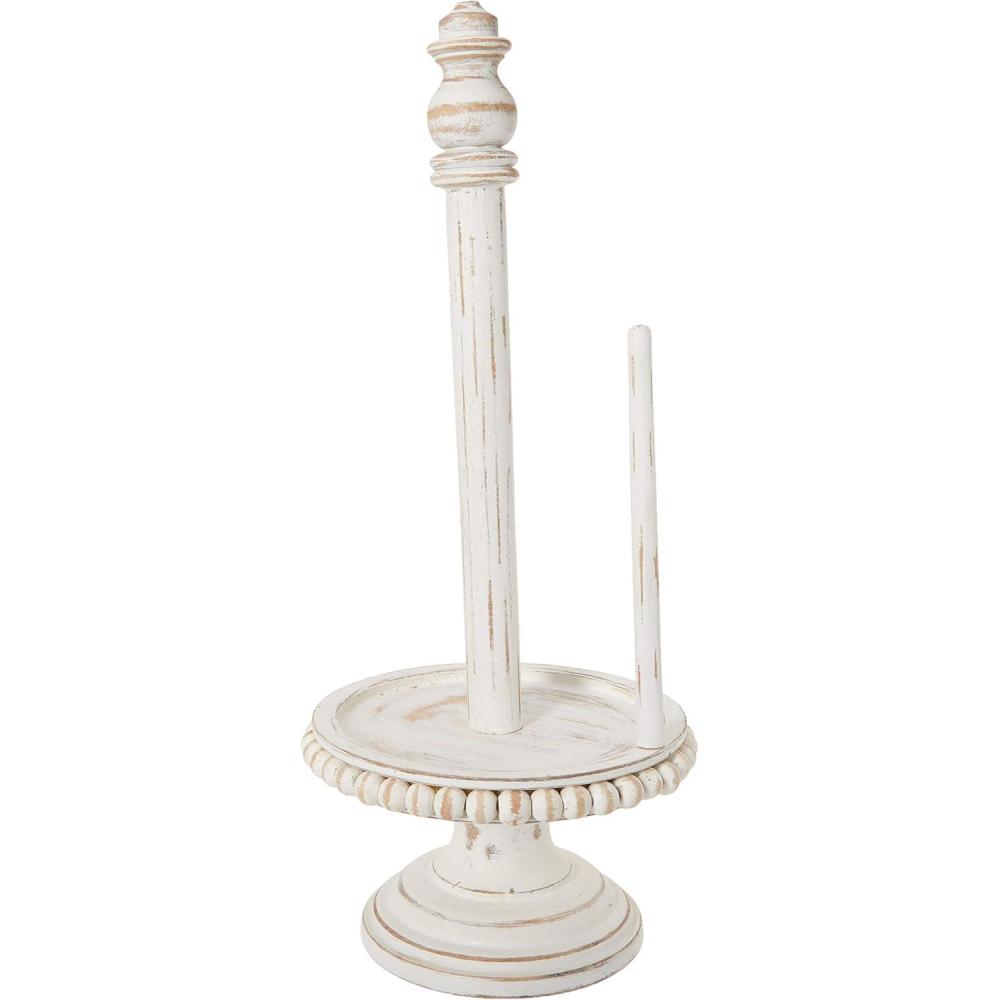 imageMud Pie 47100002 Farmhouse Washed Beaded Wood Pedestal Paper Towel Holder 16quot x 6quot Dia White GreyWhite  Grey