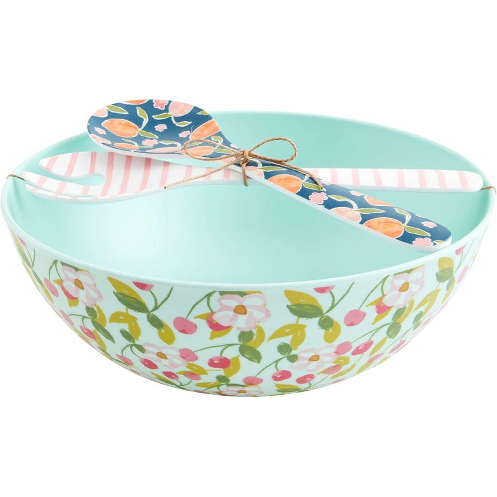 imageMud Pie Cherry Melamine Serve Set bowl 4quot x 11quot dia  utensils 10 12quot Blue