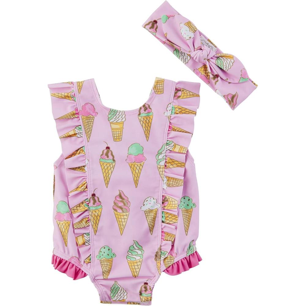 imageMud Pie Girls Baby One Piece Swimsuit and Headband SetIce Cream