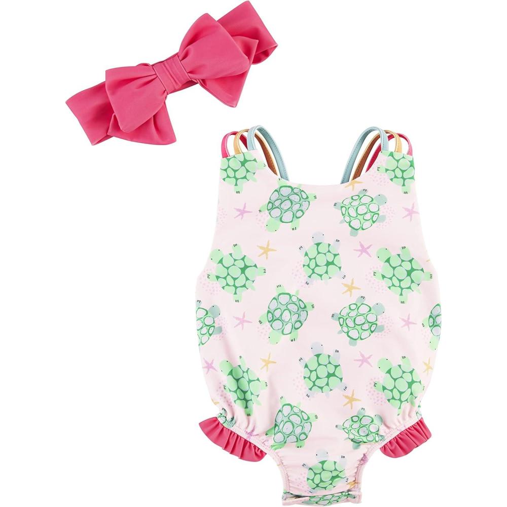 imageMud Pie Girls Baby One Piece Swimsuit and Headband SetTurtle