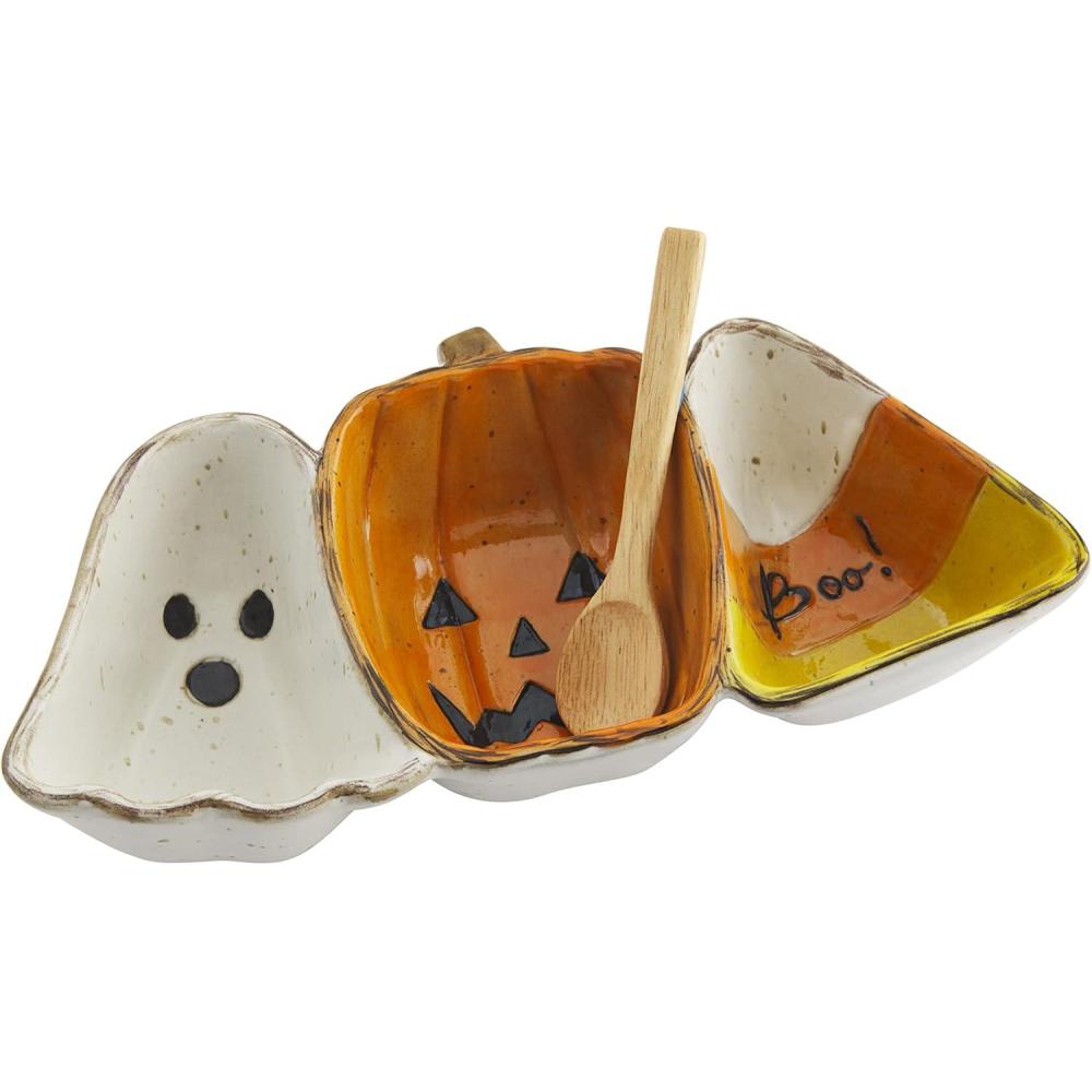 imageMud Pie Halloween Stoneware Candy Bowl Dish Pumpkin 2 14quot x 8 34quot diaDivided
