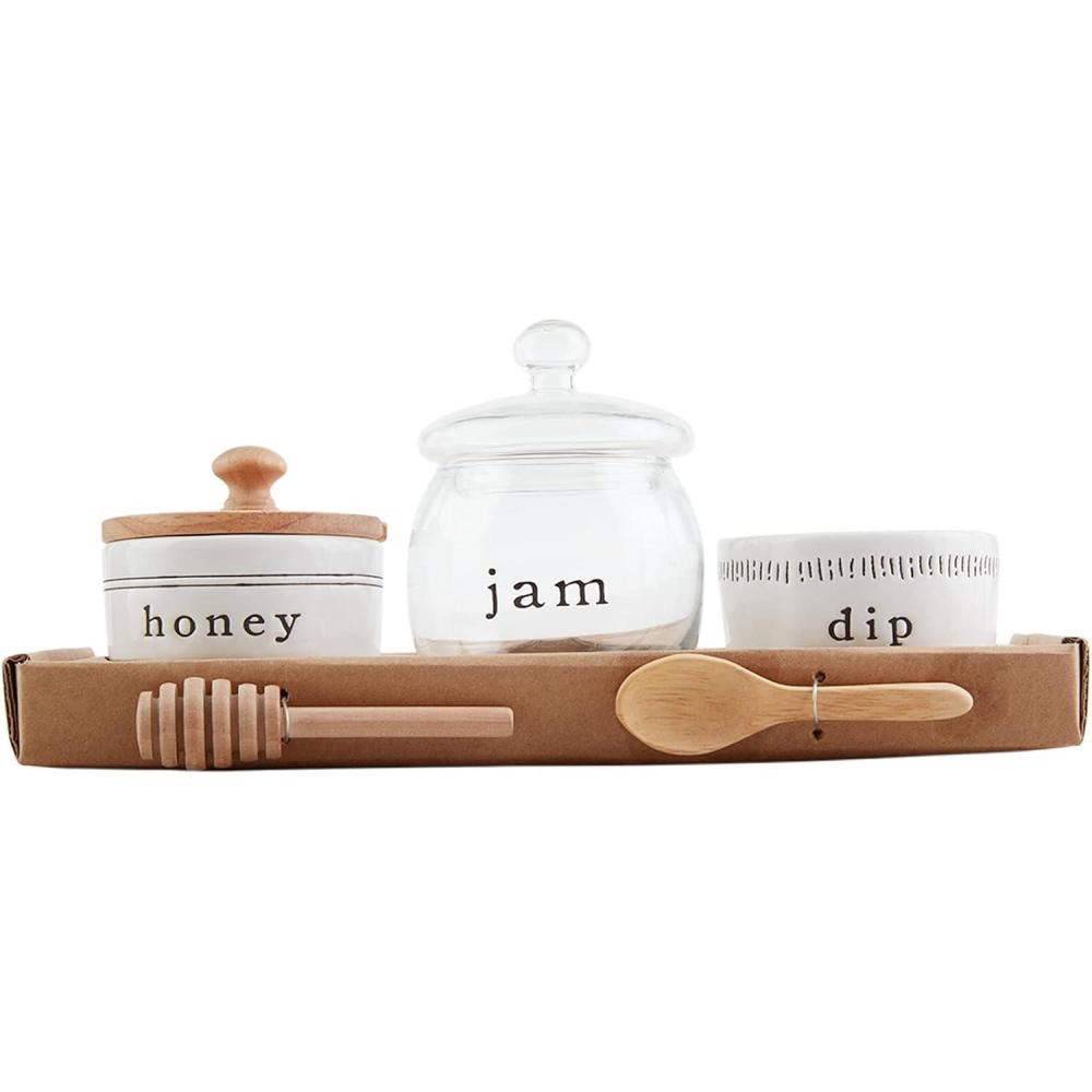 imageMud Pie Honey Jam ampamp Dip Set White jars 2quot x 3quot dia  utensils 35quot