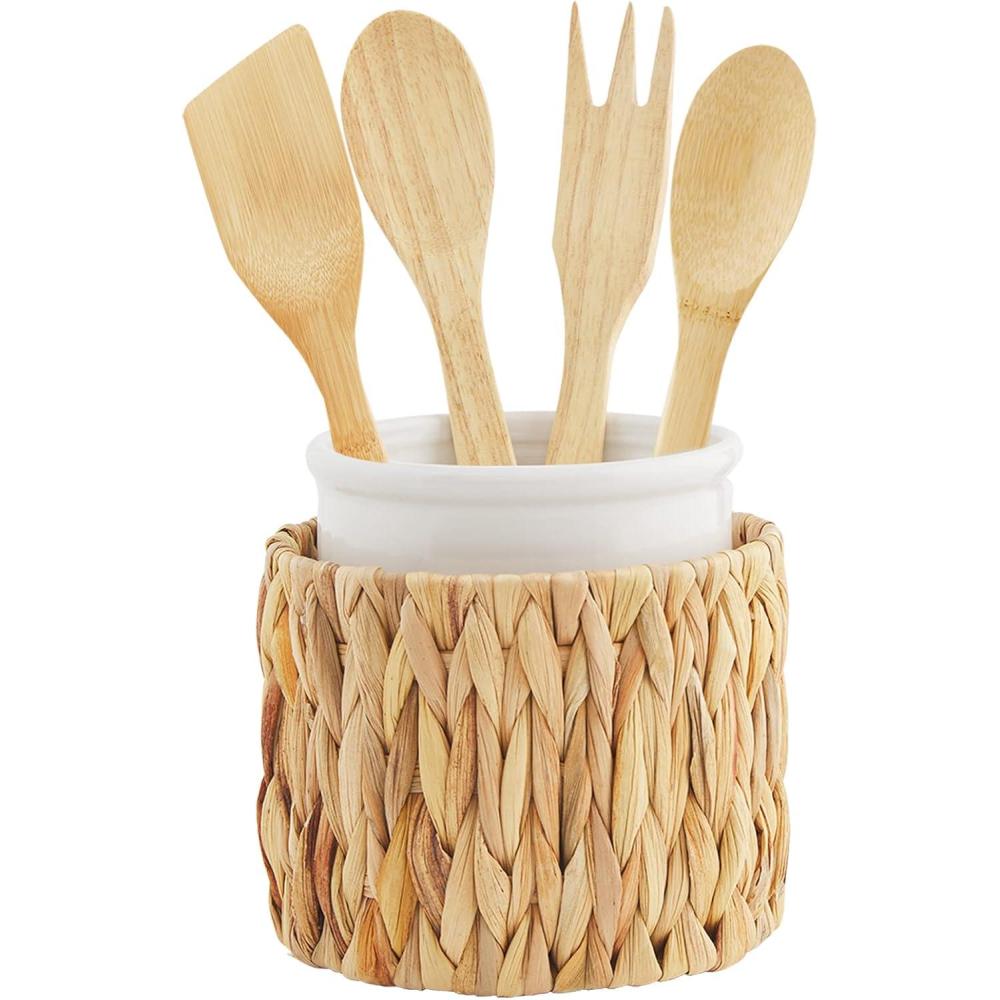 imageMud Pie Hyacinth Utensil Holder with Utensil Set WhiteTan crock 626quot x 55quot dia  utensils 10quot