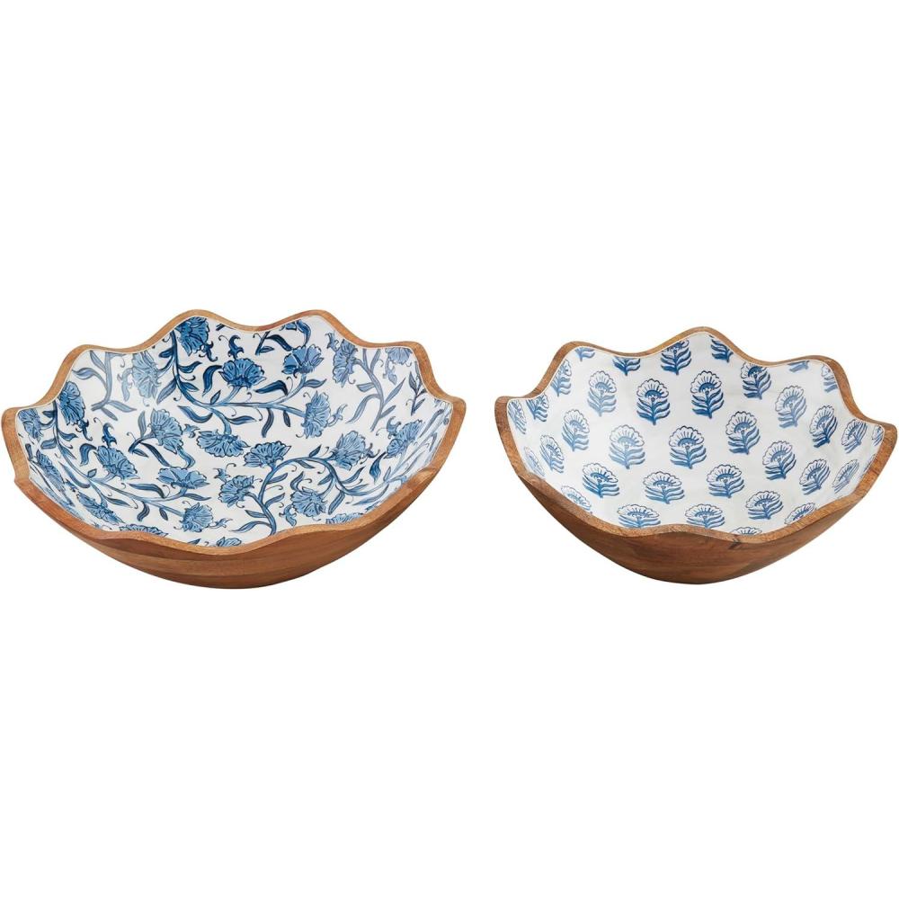 imageMud Pie Small 4quot x 12quot Large 4 12quot x 14quot Dia Block Print Enamel Bowl Set Blue