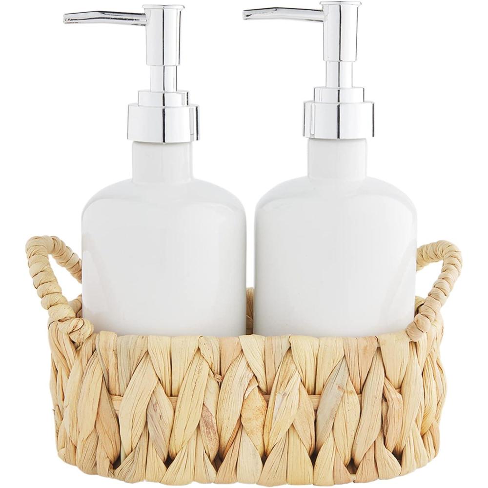 imageMud Pie Soap Pump Set Water Hyacinth Pump 8quot x 3quot Dia  Basket 4quot x 7quot