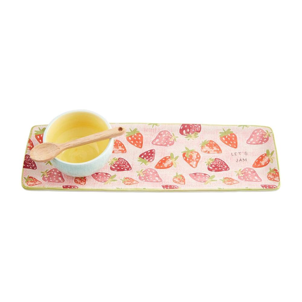 imageMud Pie Strawberry Tray ampamp Dip Set Tray 4quot X 13quot  Cup 2quot X 3 12quot Dia  Spoon 5 12quot