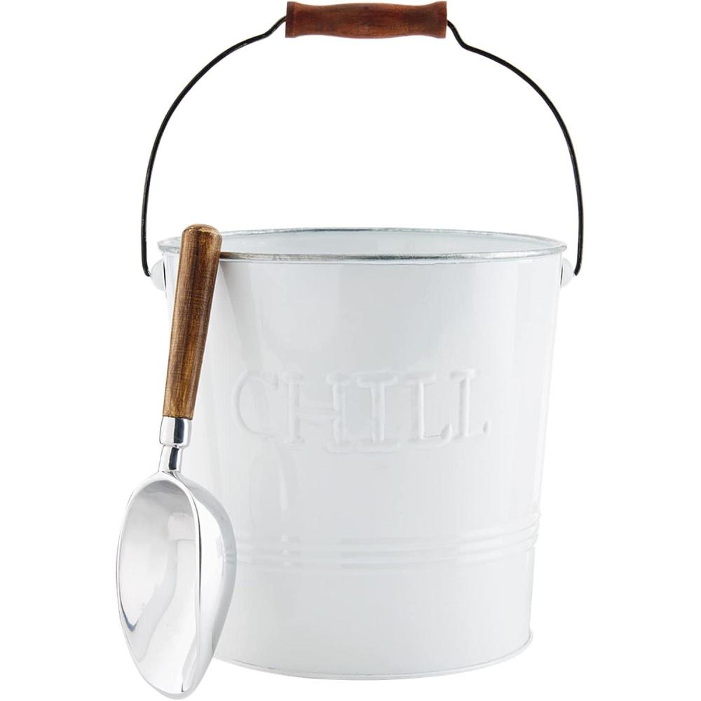 imageMud Pie White Enamel Tin Ice Bucket 75quot x 75quot Dia  Scoop 8quot