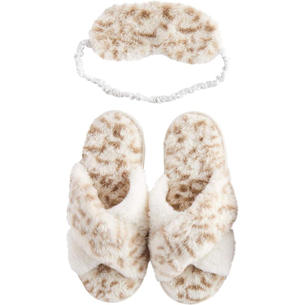 imageMud Pie Womens Leopard Fuzzy Slipper and Eyemask SetCream