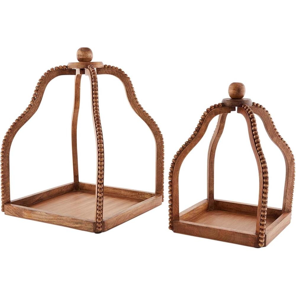imageMud Pie Wood Beaded Lantern Set Distressed White WASHBrown Beaded