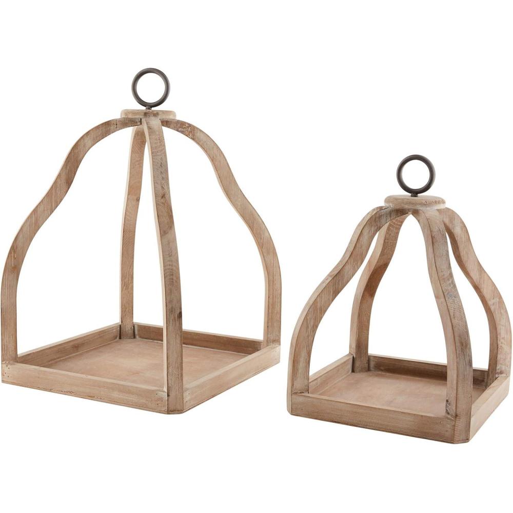 imageMud Pie Wood Beaded Lantern Set Distressed White WASHBrownNatural
