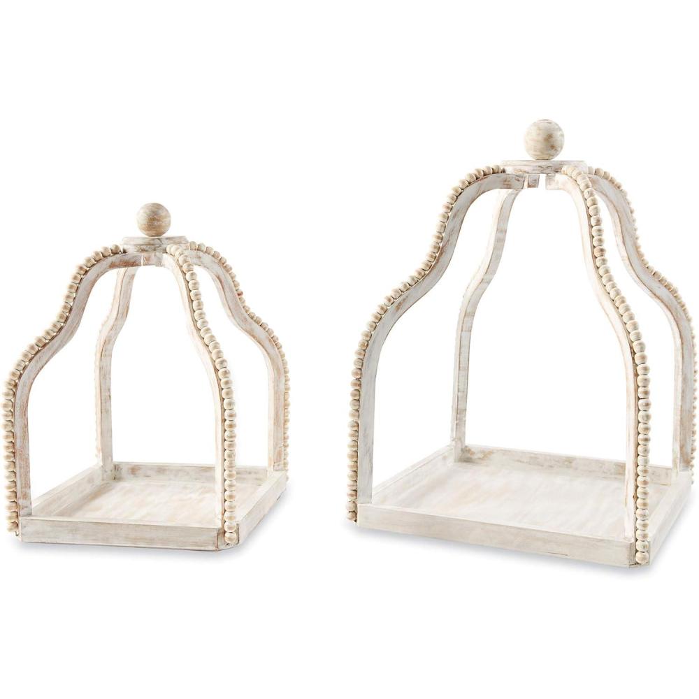 imageMud Pie Wood Beaded Lantern Set Distressed White WASHDistressed White Wash
