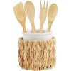 Mud Pie Hyacinth Utensil Holder with Utensil Set, White/Tan, crock 6.26″ x 5.5″ dia | utensils 10″