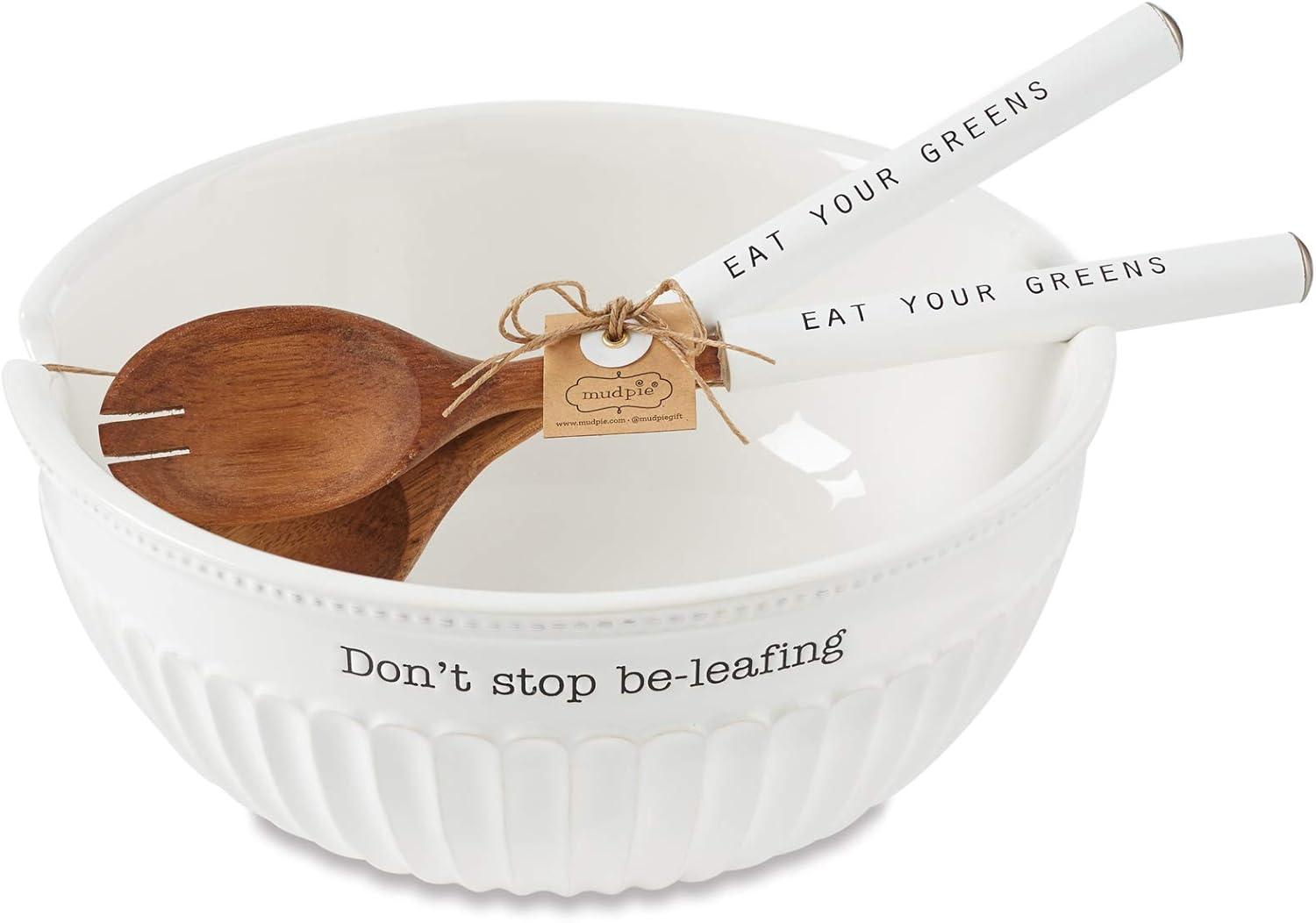 imageMud Pie Dolomite wood Dont Stop BeLeafing Salad Bowl Set 32 oz White brown