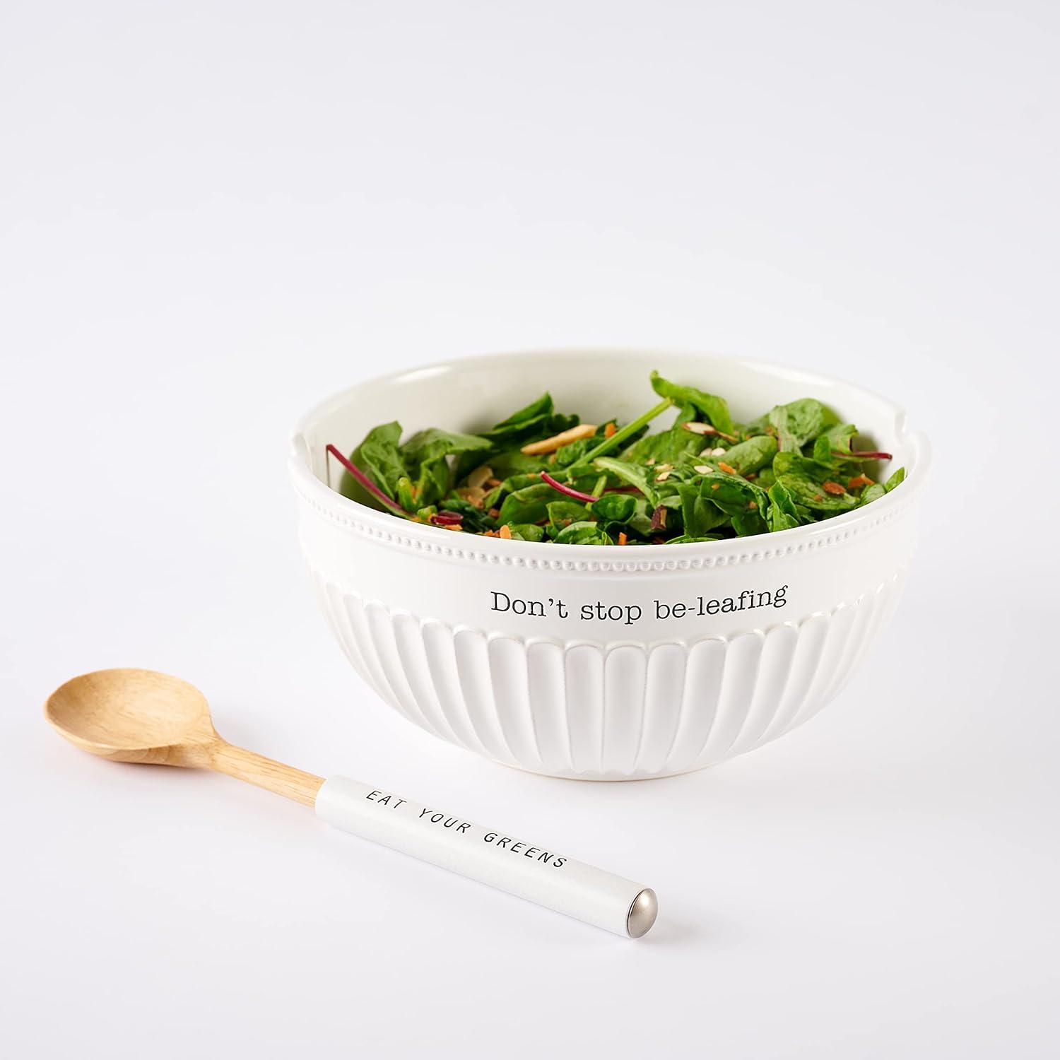 imageMud Pie Dolomite wood Dont Stop BeLeafing Salad Bowl Set 32 oz White brown