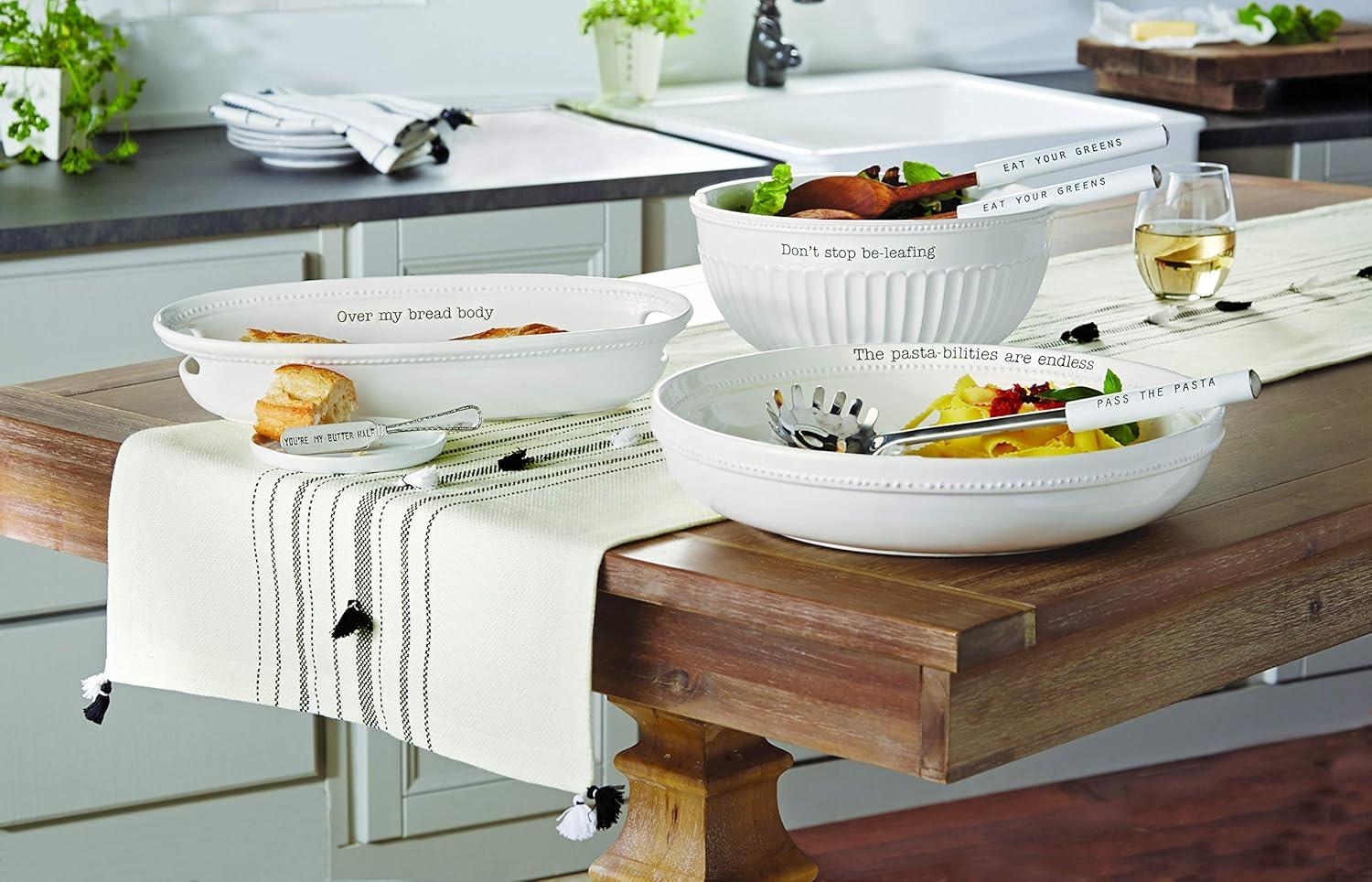 imageMud Pie Dolomite wood Dont Stop BeLeafing Salad Bowl Set 32 oz White brown