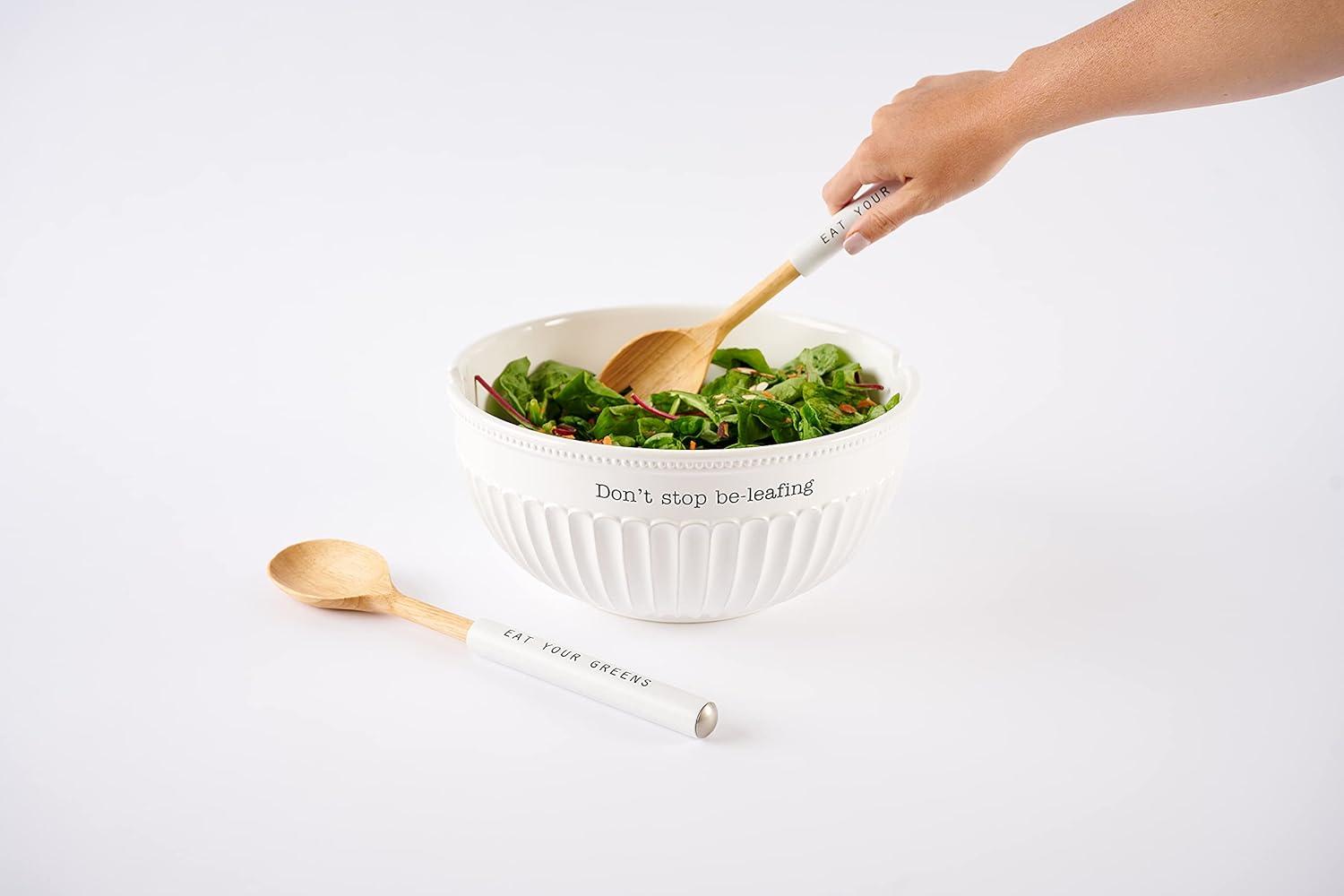 imageMud Pie Dolomite wood Dont Stop BeLeafing Salad Bowl Set 32 oz White brown