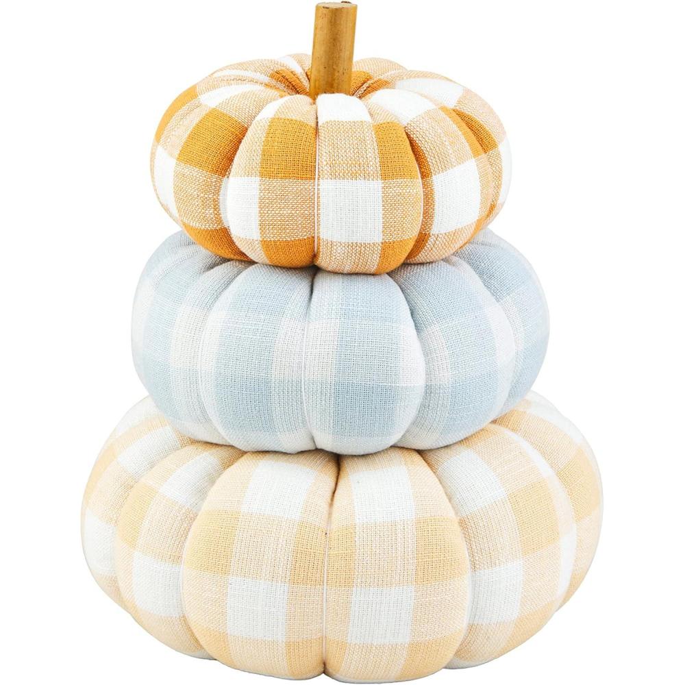 imageMud Pie Gingham Stacked Pumpkins 15quot Tan