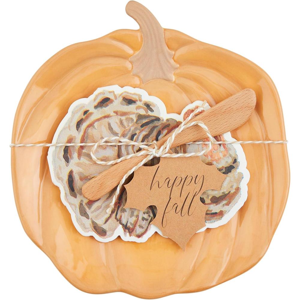 imageMud Pie Pumpkin Cheese Sets Orange plate 8 14quot x 7 34quot  spreader 5quot  napkins appox 5quot x 5quot