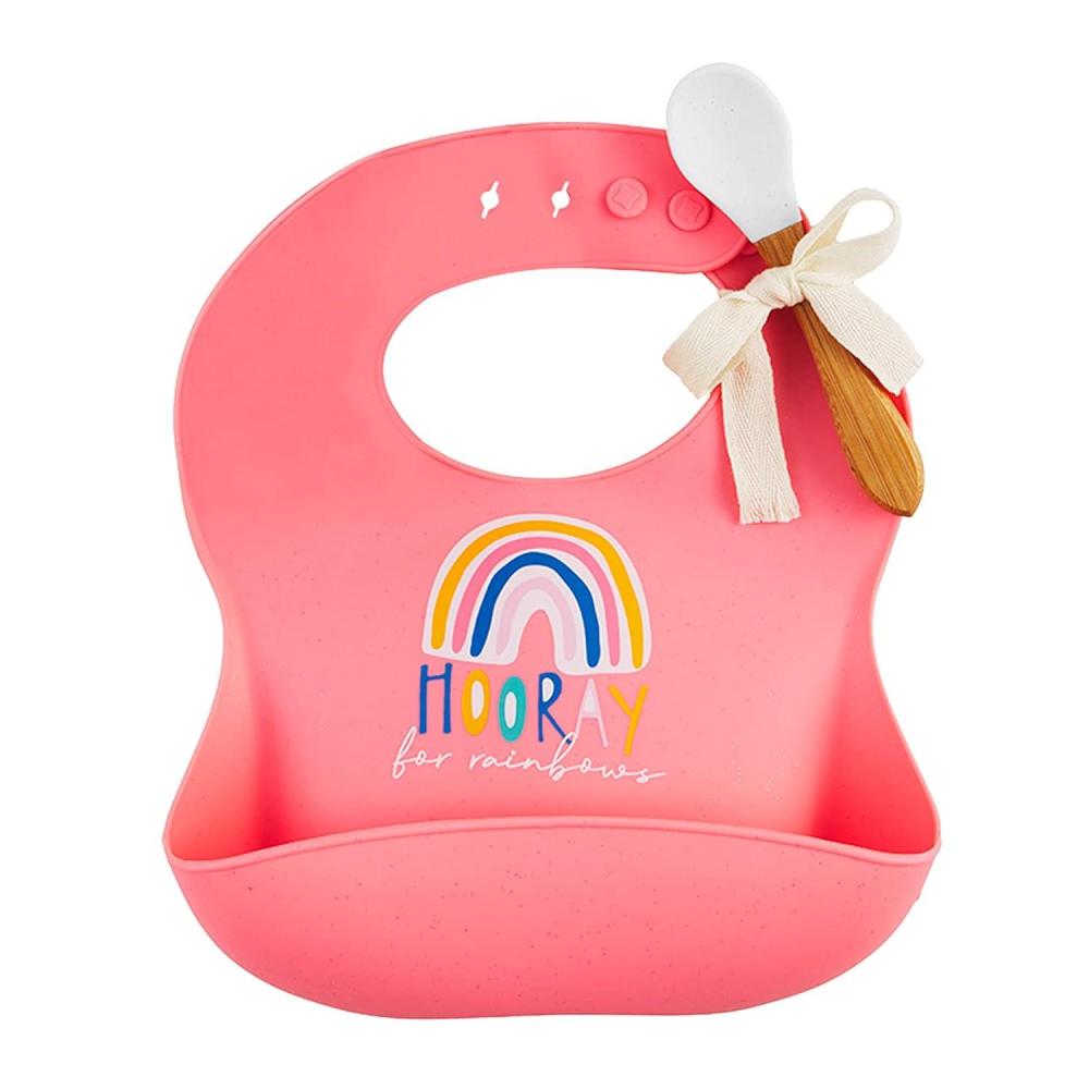 imageMud Pie Baby Girls Silicone Bib ampamp Spoon Set Pink Rainbow