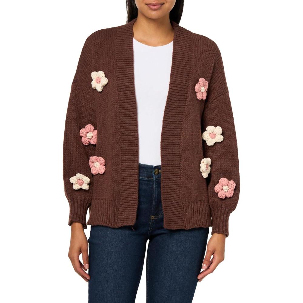 imageMud Pie Womens Dianne Flower Icon Cardigan Brown