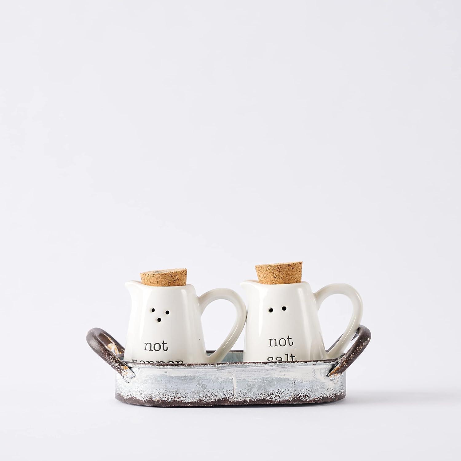 imageFarmhouse Inspired Ceramic Aluminum Salt and Pepper Caddy Set White