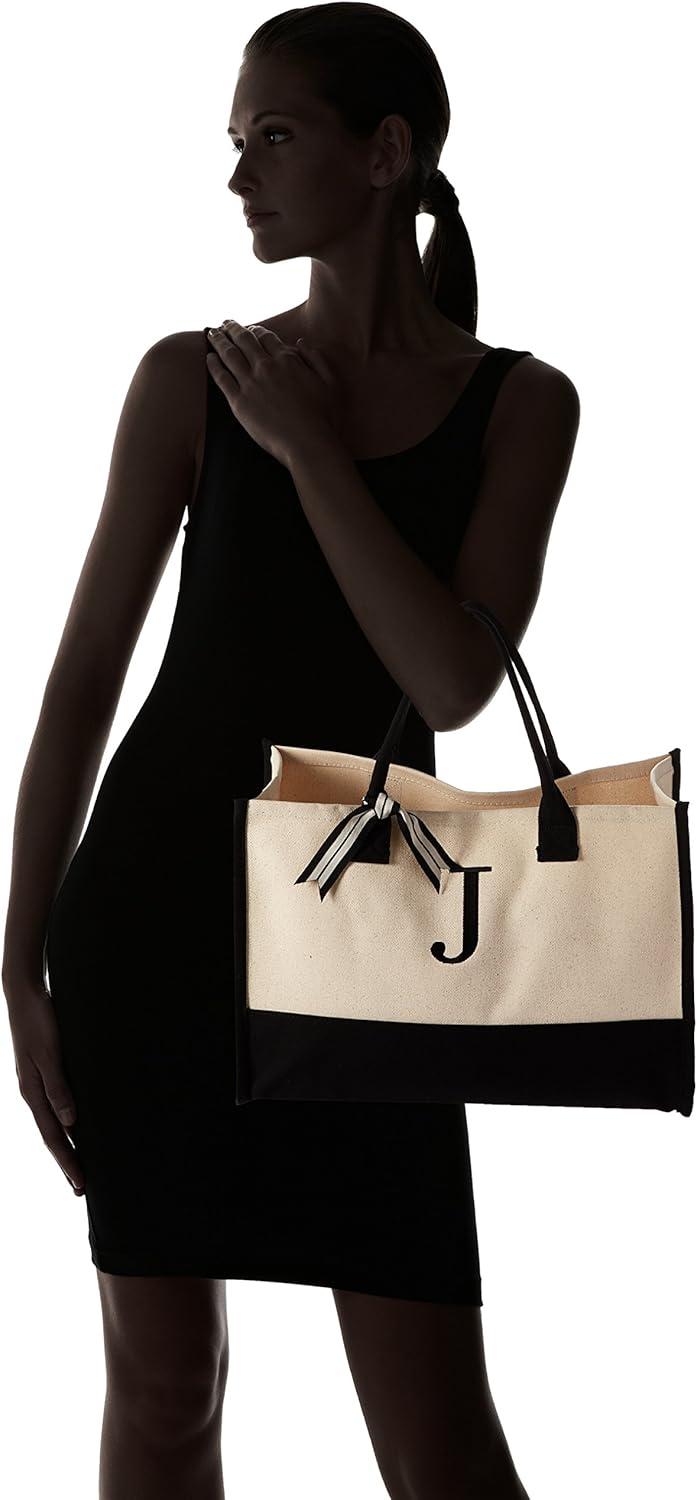 imageMud Pie Classic Black and White Initial Canvas Tote Bags D 100 Cotton 17quot x 19quot x 2quotJ