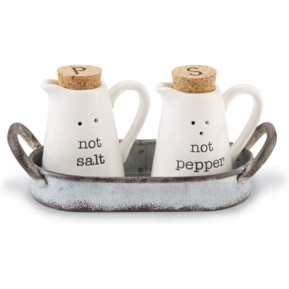 imageFarmhouse Inspired Ceramic Aluminum Salt and Pepper Caddy Set White