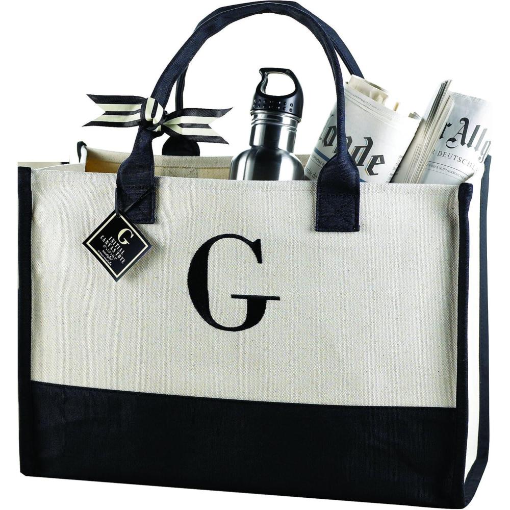imageMud Pie Classic Black and White Initial Canvas Tote Bags D 100 Cotton 17quot x 19quot x 2quotA