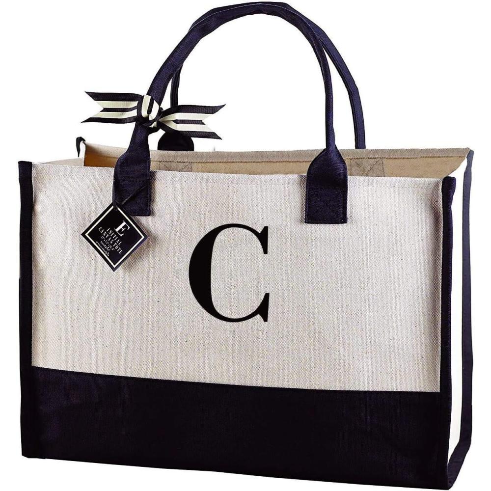 imageMud Pie Classic Black and White Initial Canvas Tote Bags D 100 Cotton 17quot x 19quot x 2quotC