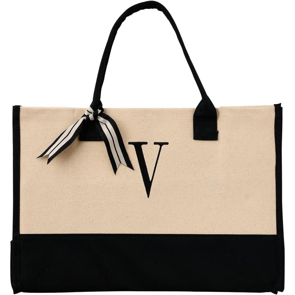 imageMud Pie Classic Black and White Initial Canvas Tote Bags D 100 Cotton 17quot x 19quot x 2quotMud Pie Classic Black and White Initial Canvas Tote Bags V 100 Cotton 17 X 19 X 2
