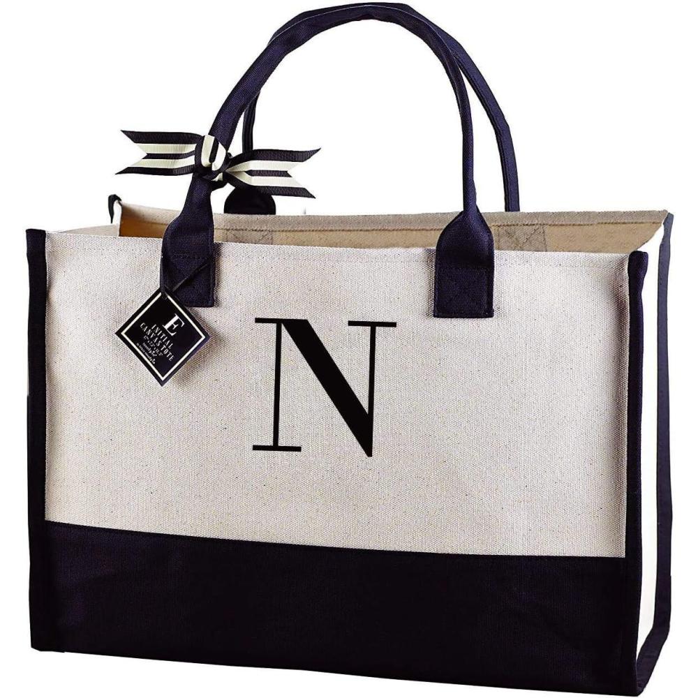 imageMud Pie Classic Black and White Initial Canvas Tote Bags D 100 Cotton 17quot x 19quot x 2quotN