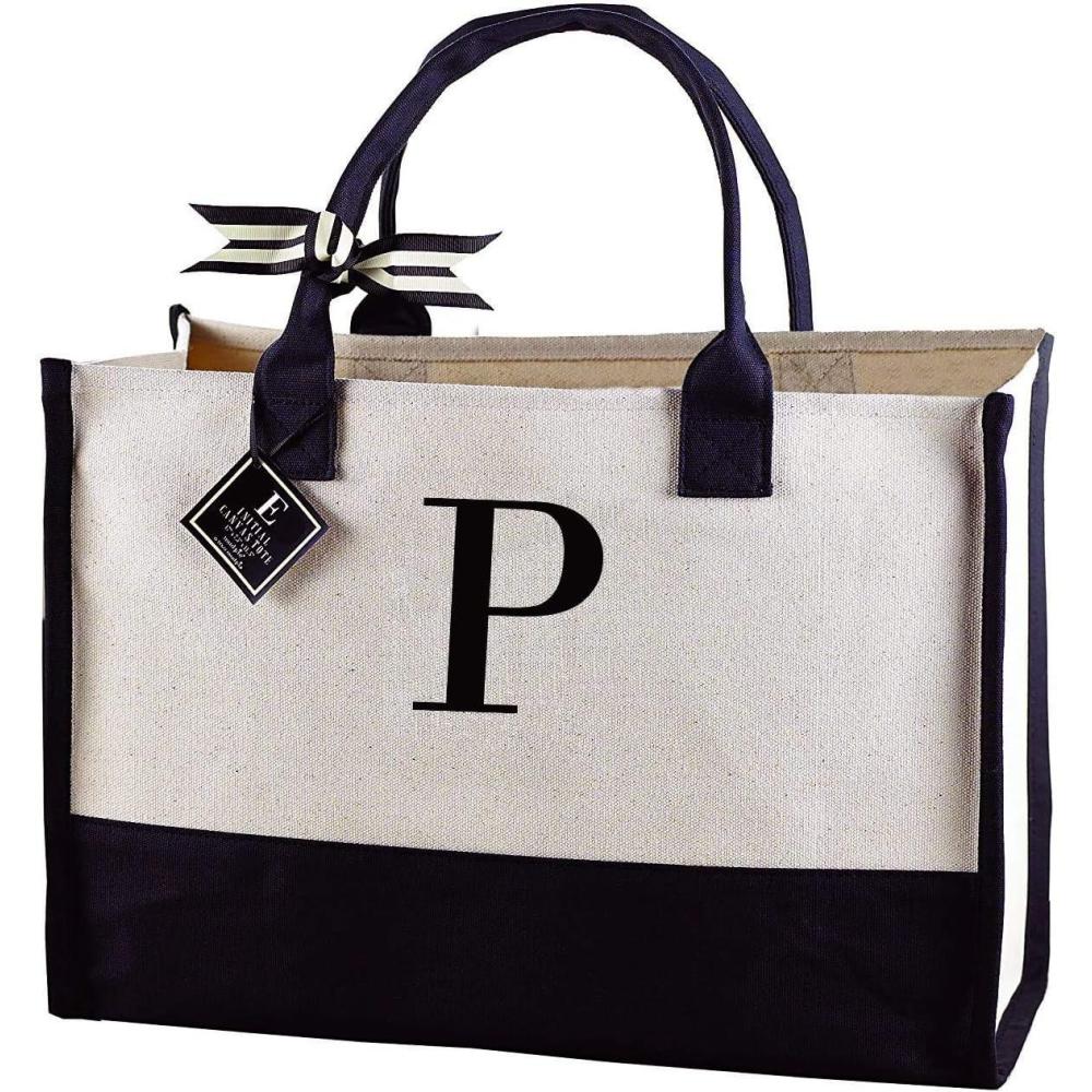 imageMud Pie Classic Black and White Initial Canvas Tote Bags D 100 Cotton 17quot x 19quot x 2quotP