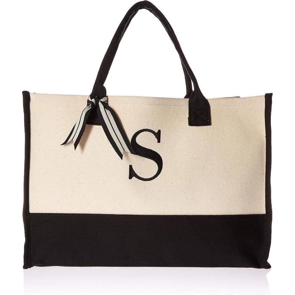 imageMud Pie Classic Black and White Initial Canvas Tote Bags D 100 Cotton 17quot x 19quot x 2quotS