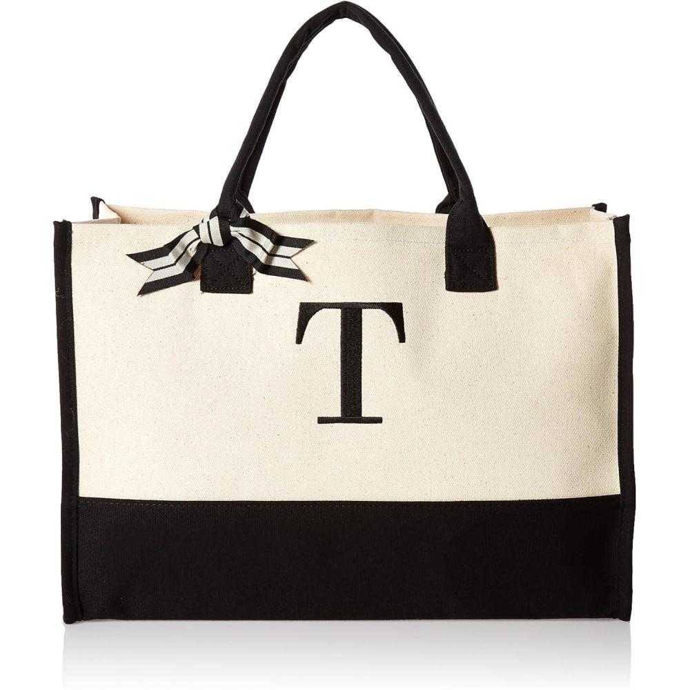 imageMud Pie Classic Black and White Initial Canvas Tote Bags D 100 Cotton 17quot x 19quot x 2quotT