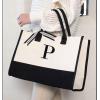 Mud Pie Classic Black and White Initial Canvas Tote Bags (D), 100% Cotton, 17″ x 19″ x 2″(P)