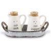 Farmhouse Inspired Ceramic Aluminum Salt and Pepper Caddy Set, White
