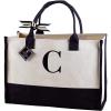 Mud Pie Classic Black and White Initial Canvas Tote Bags (D), 100% Cotton, 17″ x 19″ x 2″(C)