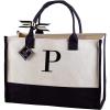 Mud Pie Classic Black and White Initial Canvas Tote Bags (D), 100% Cotton, 17″ x 19″ x 2″(P)