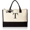 Mud Pie Classic Black and White Initial Canvas Tote Bags (D), 100% Cotton, 17″ x 19″ x 2″(T)