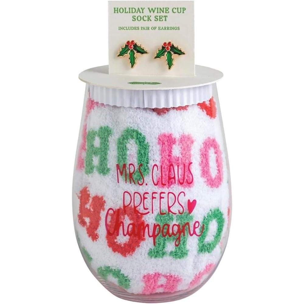 imageMud Pie Womens Holiday Wine Set Pink Cup 16 oz Socks one Size Earrings Approx 12quot