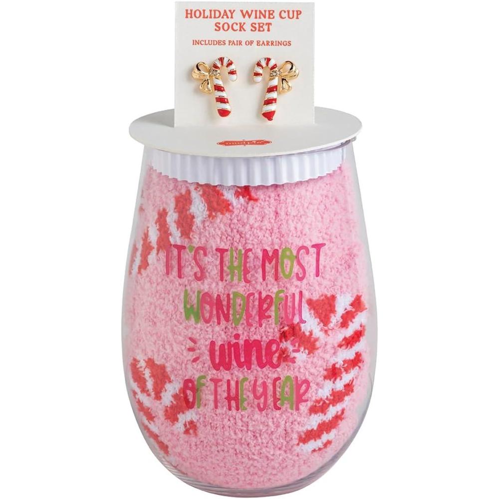 imageMud Pie Womens Holiday Wine Set RED Cup 16 oz Socks one Size Earrings Approx 12quot