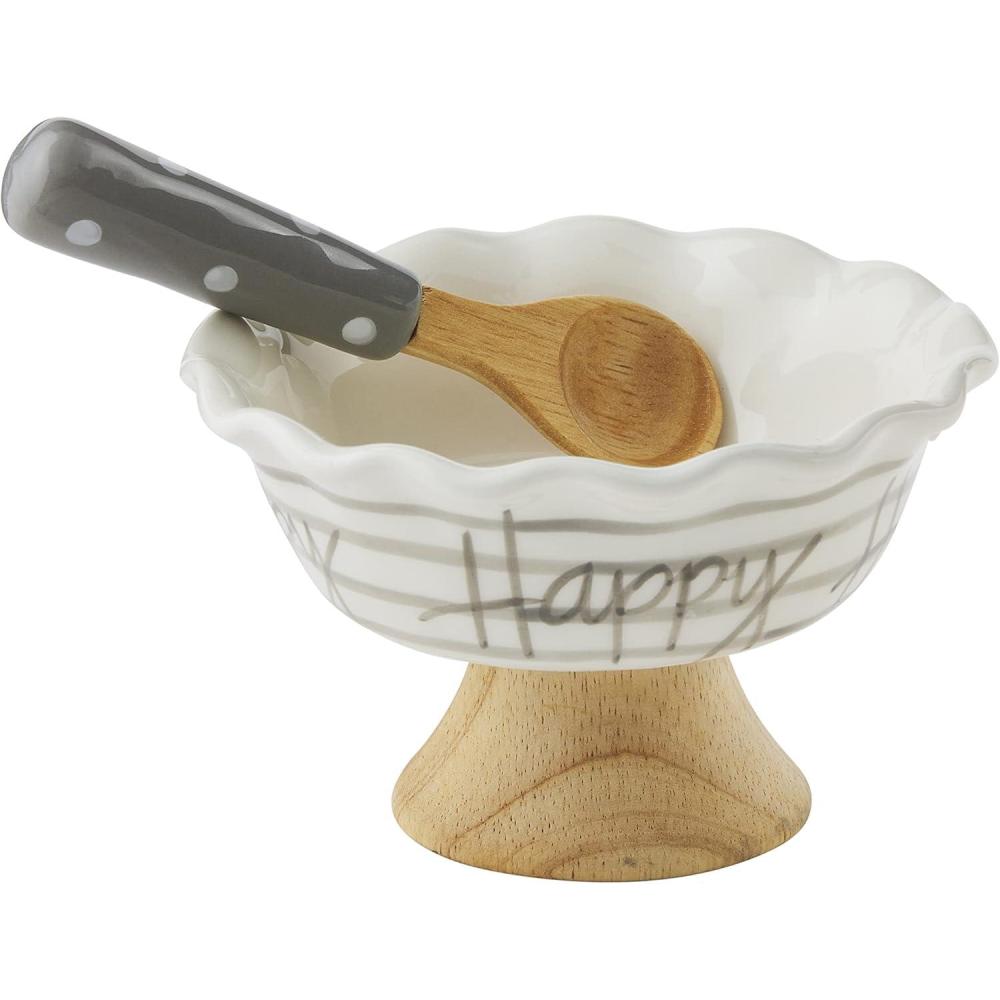 imageMud Pie 325quot x 55quot Dia Spoon 45quot Striped Happy Candy Dish Set Gray White