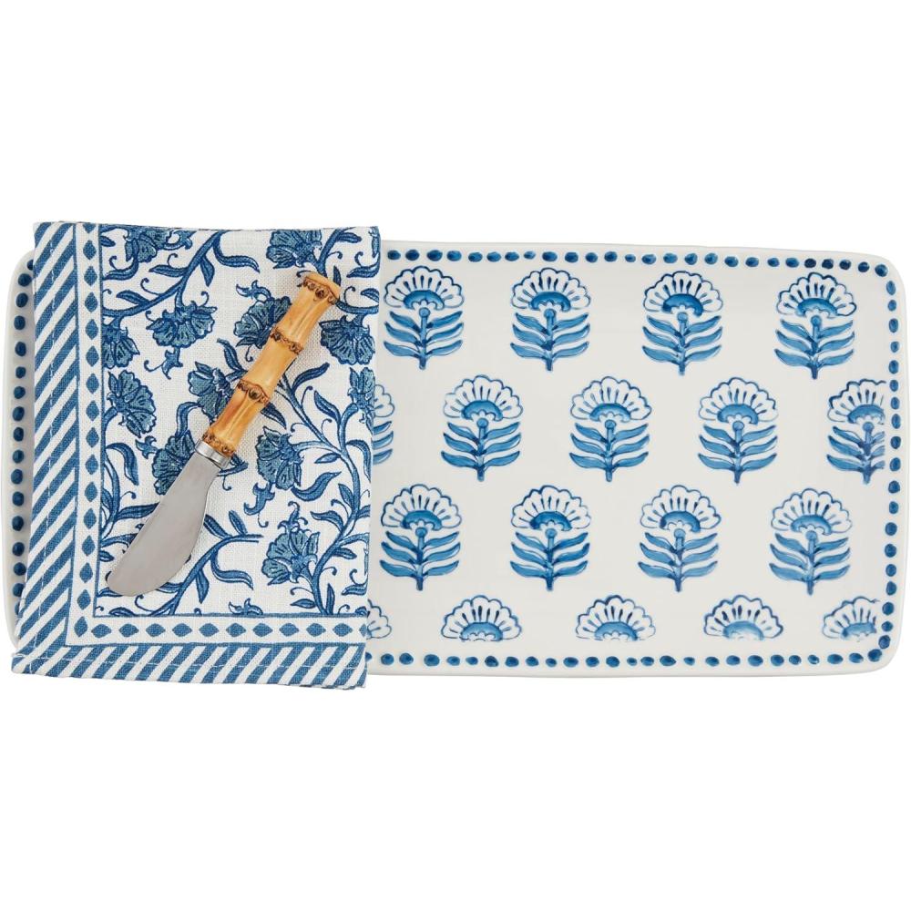 imageMud Pie Block Print Tray And Towel tray 6 12quot x 14quot  spreader 5 12quot  towel 21quot x 14quot