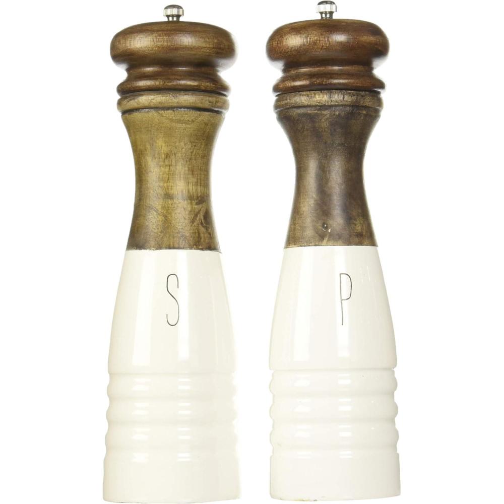 imageMud Pie Farmhouse Wood and Enamel Mills Salt and Pepper Set 10 12quot x 3quot dia White Brown