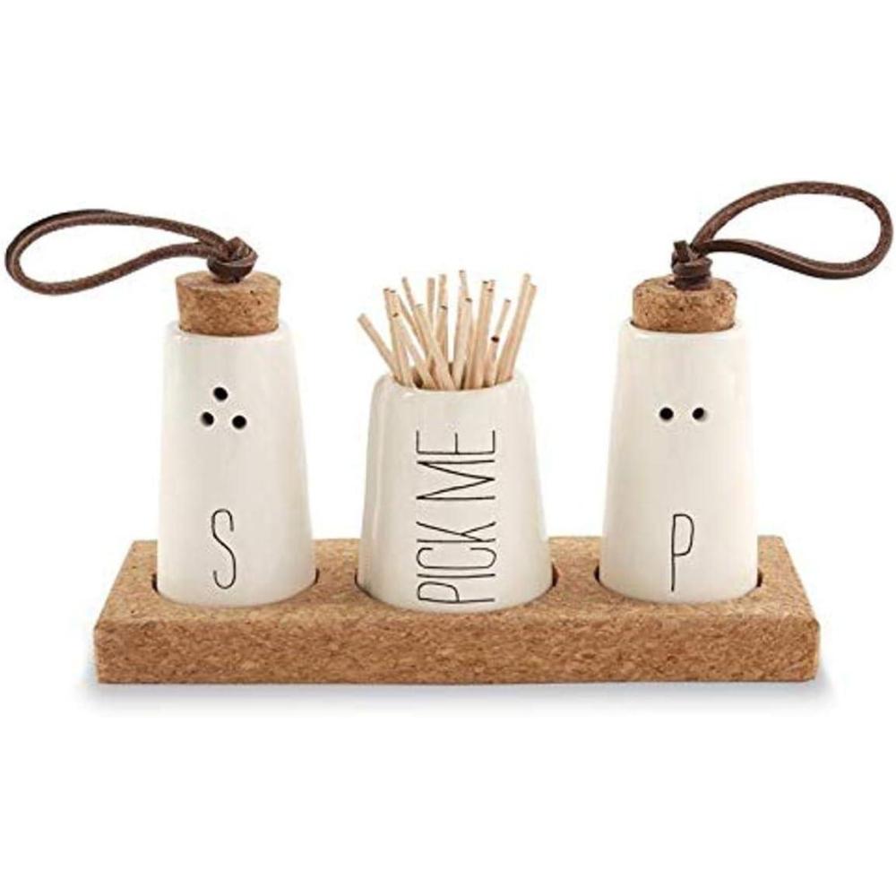 imageMud Pie OffWhite Salt Pepper ampamp Toothpick Holder Size tray 2quot x 6quot  shakers 2 34quot x 1 12quot dia