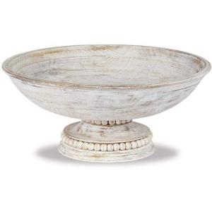 Mud Pie Beaded Wood Pedestal Bowl, White, 6″ x 14″ dia(Bowl)