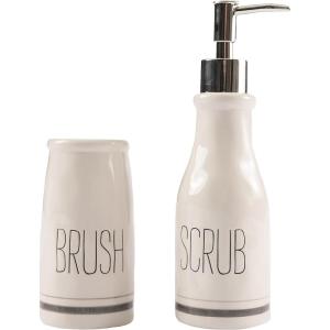 Mud Pie Bistro Scrub Soap Dispenser and Toothbrush Holder Set, White