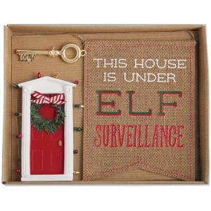 Mud Pie Elf Sign Gift Set: Mini ELF Door Key and Flag – Rustic Burlap – 5.5″ x 7″ – Christmas Decorative Sign